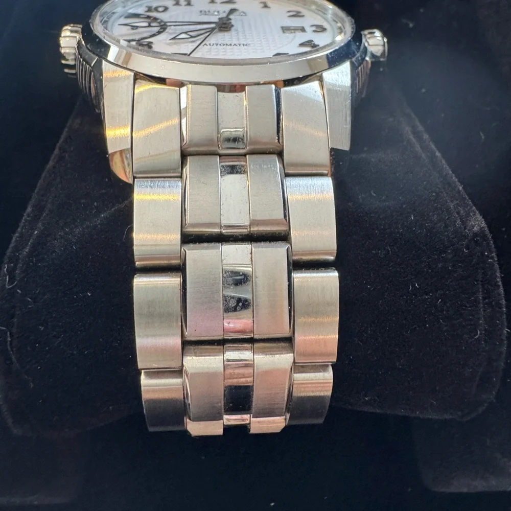Bulova Silver White Dial Stainless Steel Men's Automatic Watch with Blue Accent